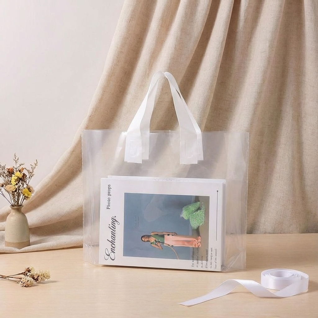 50pcs, 3 sizes Transparent PVC gift bag with white handle: Medium