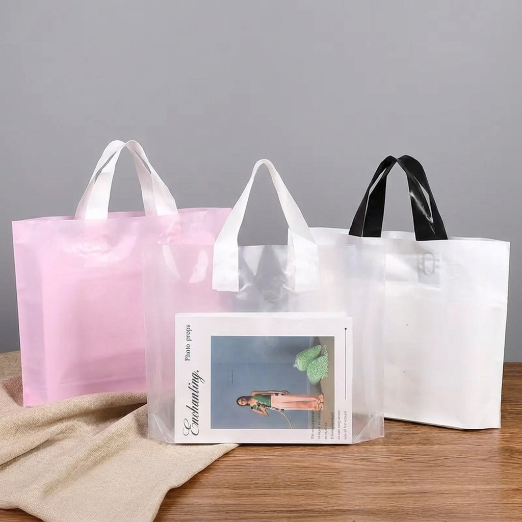 50pcs, 3 sizes Transparent PVC gift bag with white handle: Medium