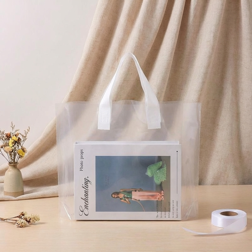 50pcs, 3 sizes Transparent PVC gift bag with white handle: Medium